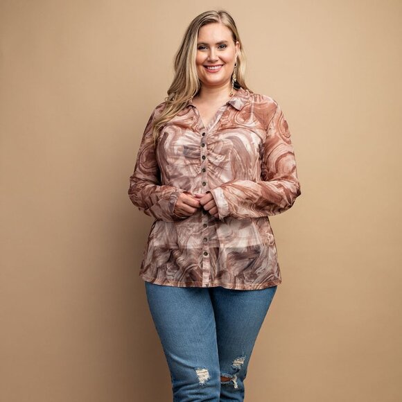NEW Sheer Cream Mocha Swirl Button Down Ruched Long Sleeve Blouse Top PLUS SIZE - Picture 3 of 8